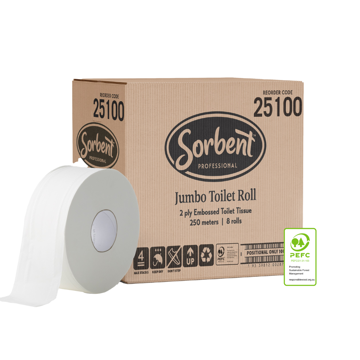 Sorbent Jumbo Roll Toilet Tissue 2ply 250m 25100 - 8Rolls/Ctn
