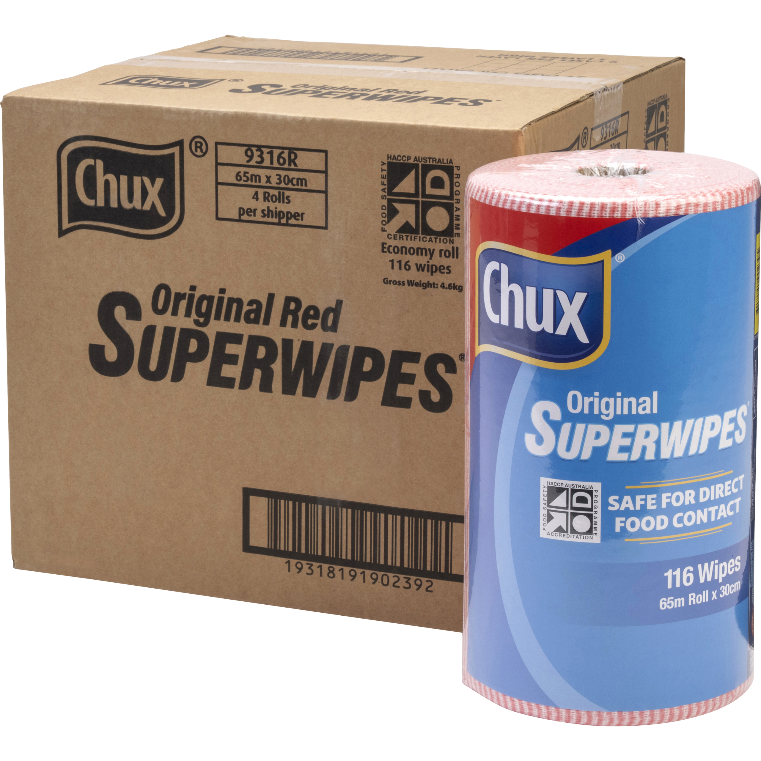Chux Superwipes Perforated Roll 65m (116 wipes/roll) - Red - Each